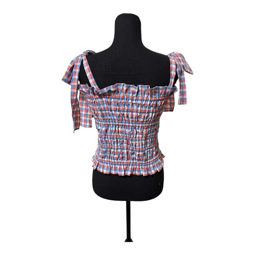 Gianni Bini Megan Top in a poppy blue, red, and white checkered pattern size Lg - Picture 5 of 6